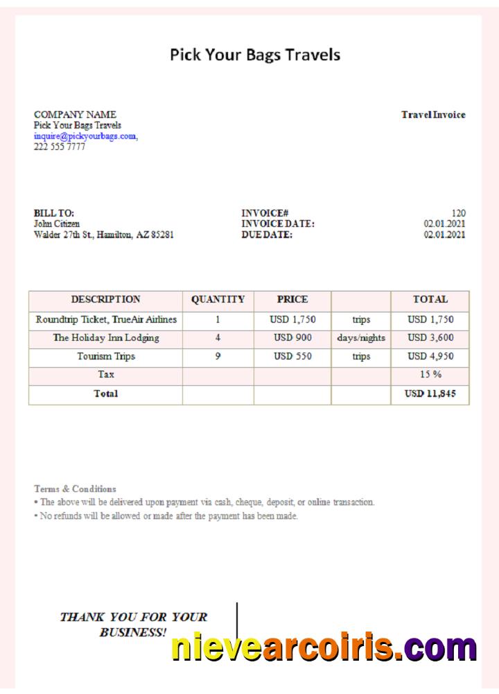 USA Pick Your Bags Travels invoice